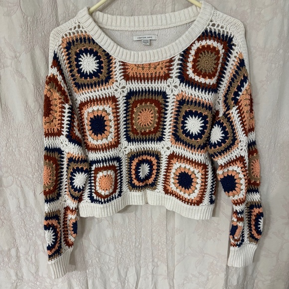 American Eagle Woman’s Cropped Multicolored Crocheted Long Sleeve Sweater XS - Picture 1 of 5